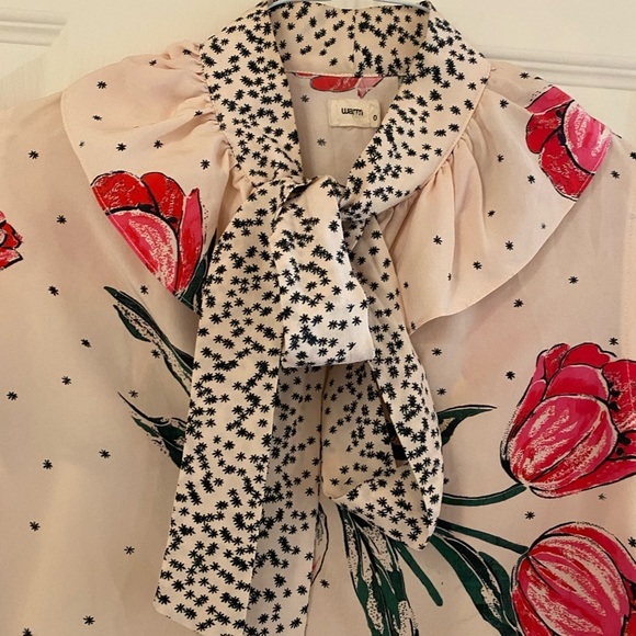 Warm / Botanical polka dot retro bow pink Floral Blouse High Neck Tie 0 XS - Picture 2 of 5
